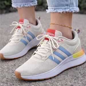 Adidas Cloudfoam Super Pride Shoes Womens 10 Cream Blue Rainbow Running Sneakers